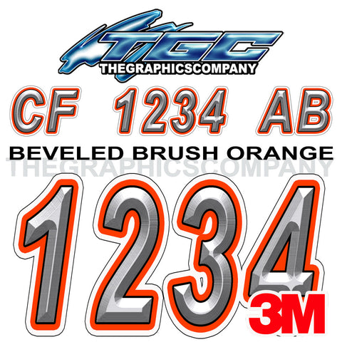 Beveled Brushed Aluminum with Orange Boat Badaboom Registration Numbers