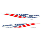 Two 'Blue Wave' boat decals with American flag design on a white background.
