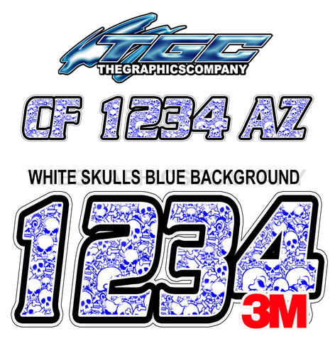 White Skulls Blue Background  Boat Registration Numbers
