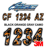 Black Orange and Gray Camo Boat Registration Numbers