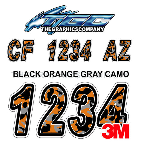 Black Orange and Gray Camo Boat Registration Numbers
